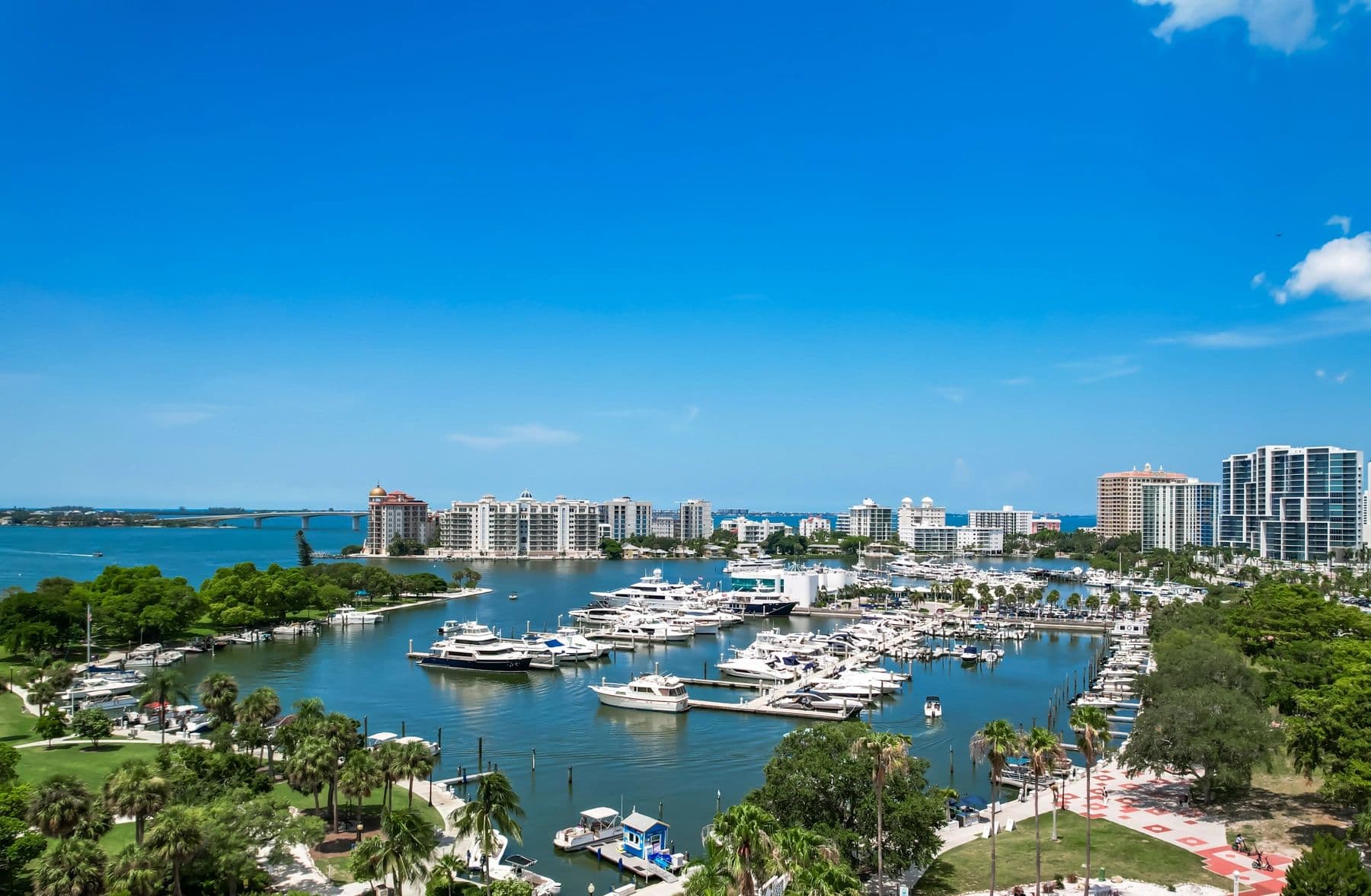 Aerial view of the Sarasota bayfront marina